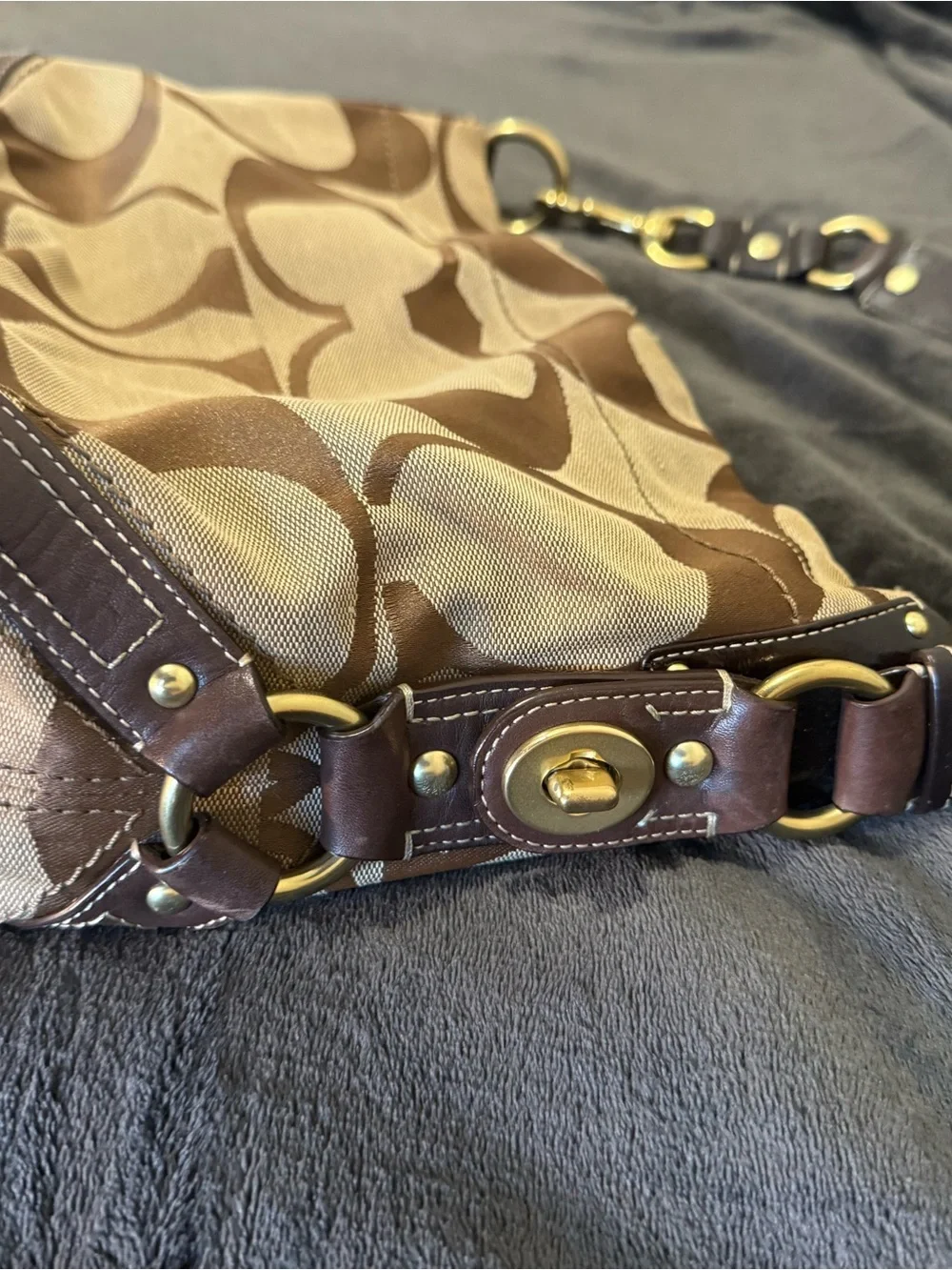 Coach Brown Signature Canvas Hobo with Dark Brown Leather Trim